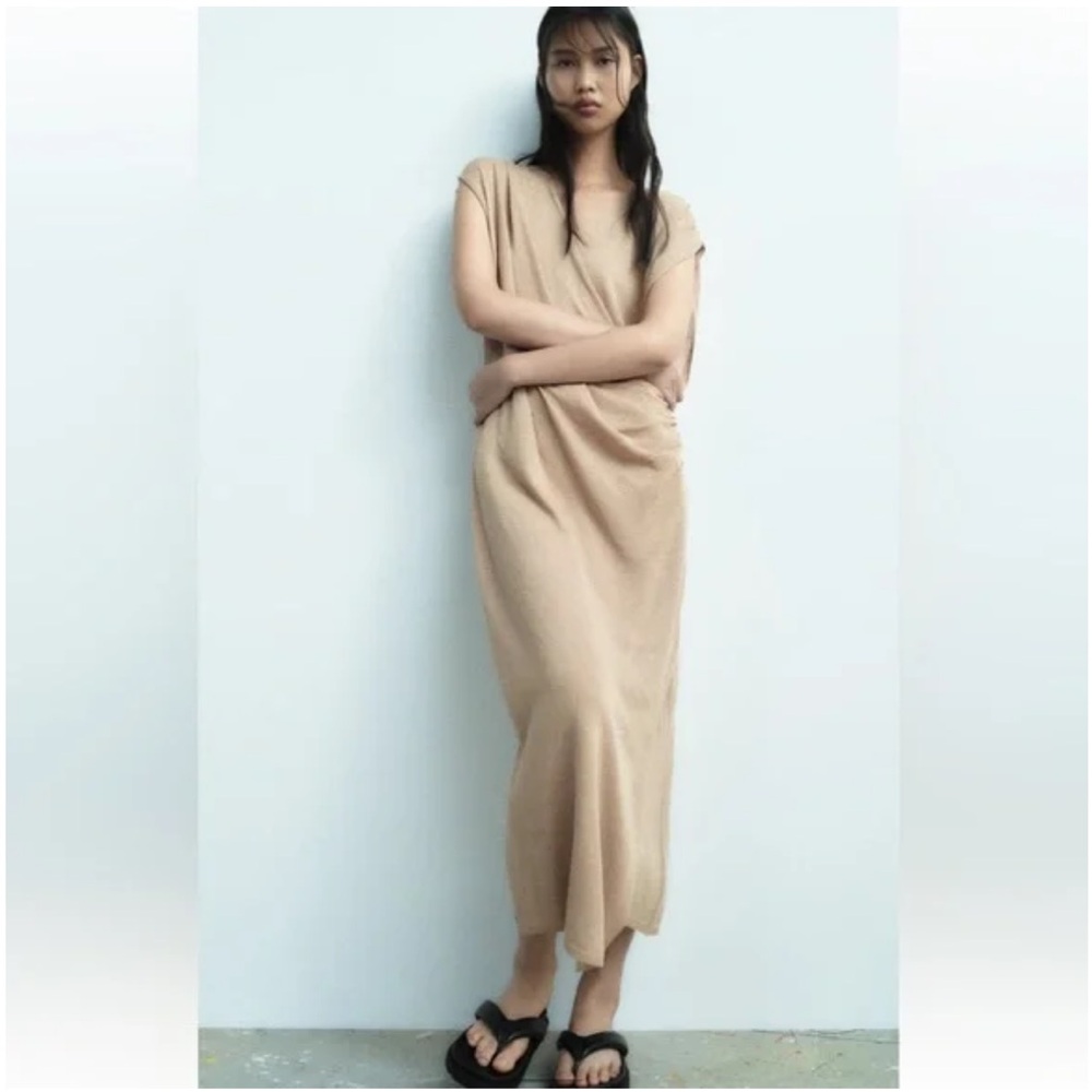 NWT New Zara Tan Draped Midi Dress Large L